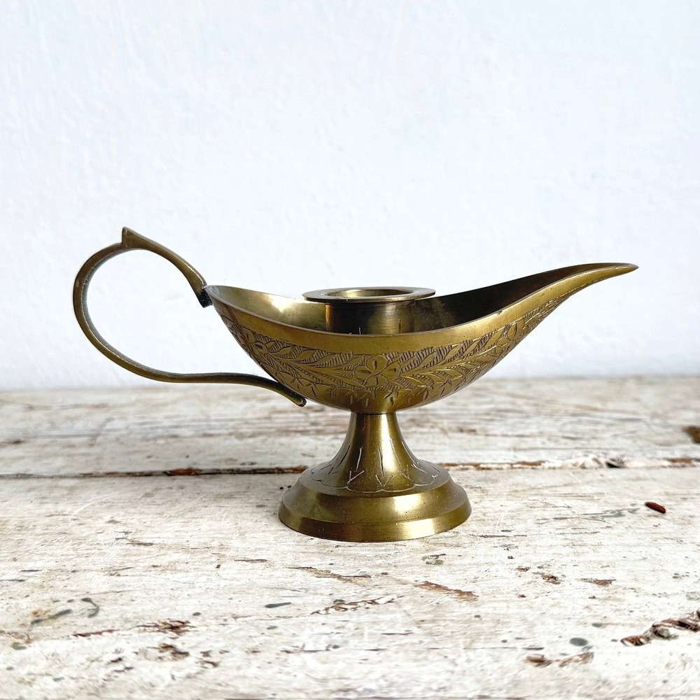 Vintage Etched Brass Genie Lamp Taper Candle Holder Boho Decor 6.25 Inch